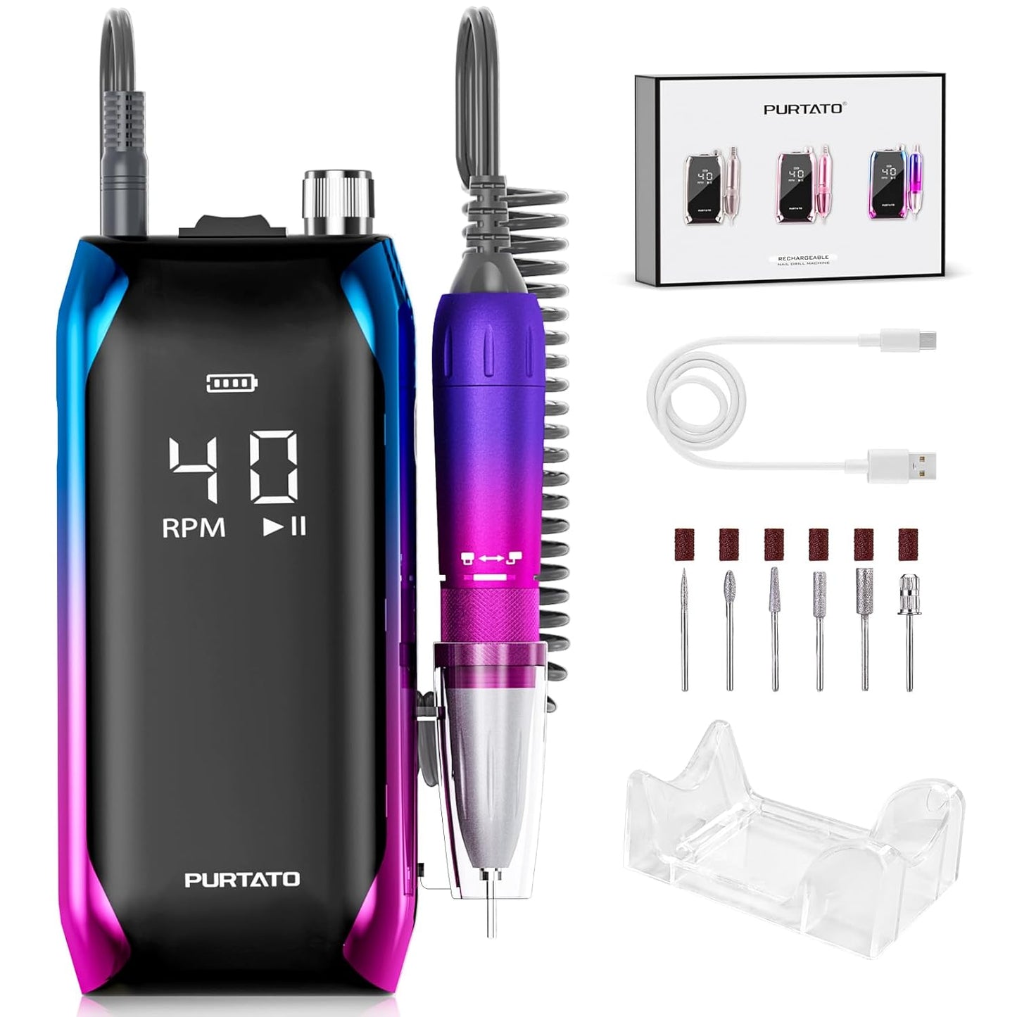 Professional Nail Drill 40,000 RPM, Rechargeable,LCD Display E File Machine for Acrylic Nails Gel Polishing Removing Portable Nails Efile Tools for Manicure Salon & Home (Blue&Purple)