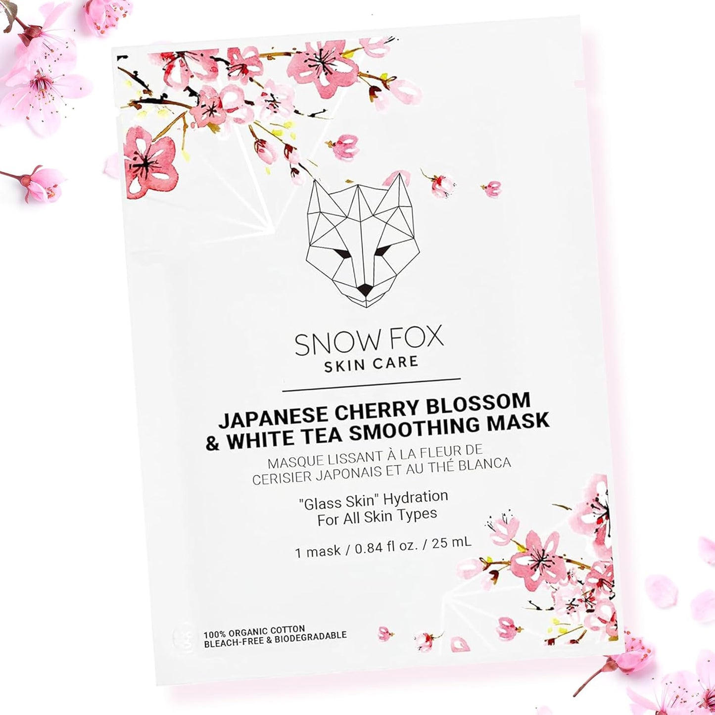 Snow Fox Japanese Cherry Blossom & White Tea Smoothing Sheet Mask – Hydrating Face Mask for Glass Skin Glow & Bridal Makeup Prep – Moisturizing Facial Skin Care for all Types – 1 Pack