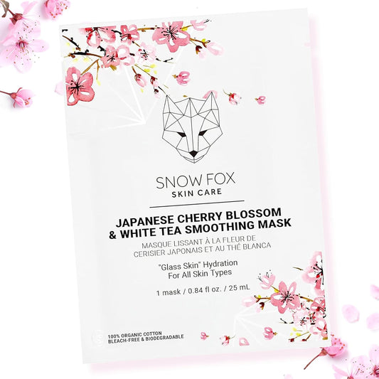 Snow Fox Japanese Cherry Blossom & White Tea Smoothing Sheet Mask – Hydrating Face Mask for Glass Skin Glow & Bridal Makeup Prep – Moisturizing Facial Skin Care for all Types – 1 Pack