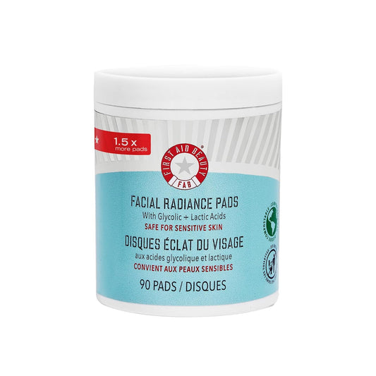 First Aid Beauty - Facial Radiance Pads with Glycolic & Lactic Acids, Daily Exfoliating Pads with AHA, Visibly Smaller Pores, Help Tone & Brighten Skin, One-Step Makeup Prep, Compostable, 90