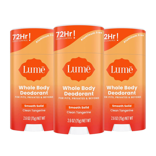 Lume Whole Body Deodorant - Smooth Solid Stick - 72 Hour Odor Control - Aluminum Free, Baking Soda Free and Skin Loving - 2.6 Ounce (Pack of 3) (Clean Tangerine)