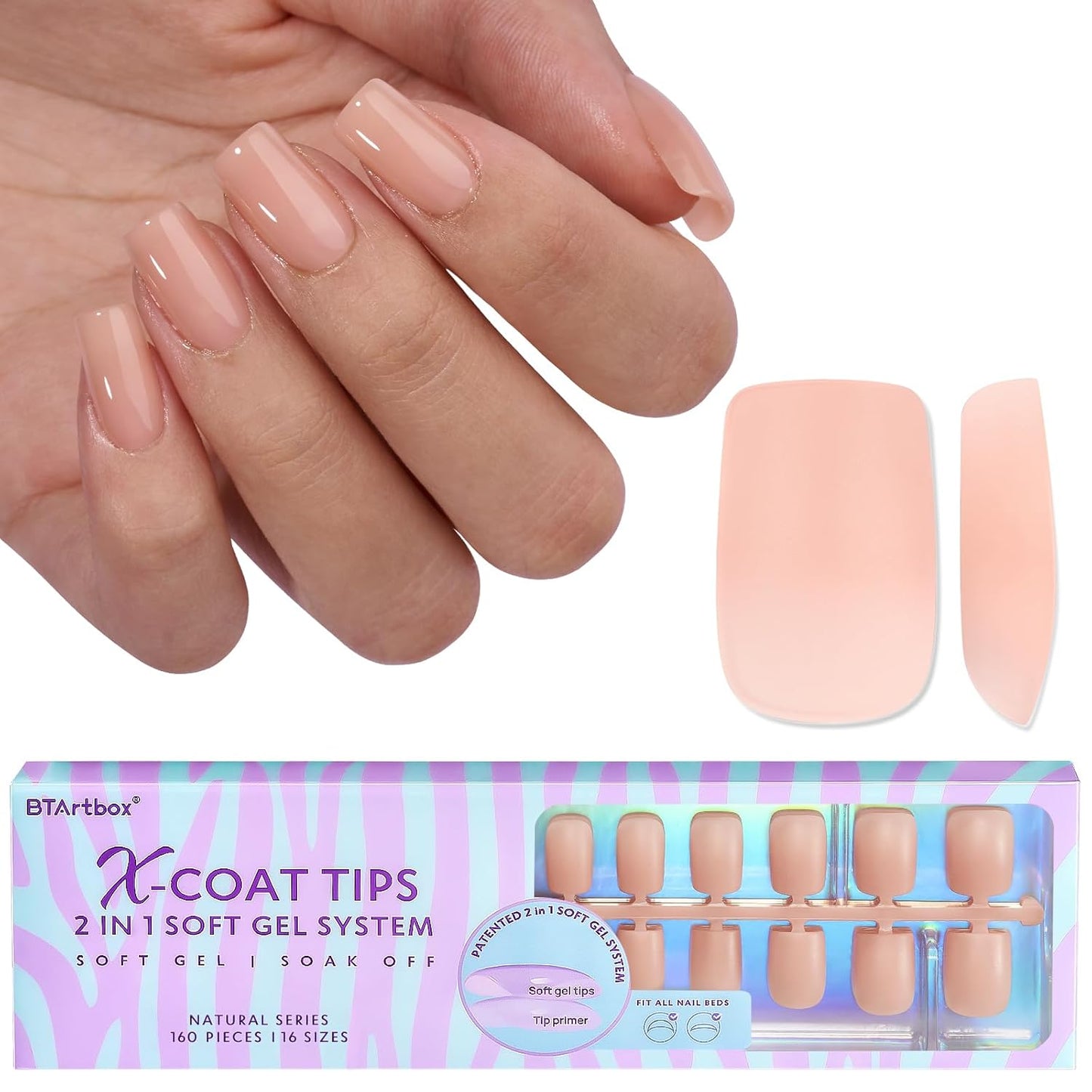 BTArtboxnails Short Sqaure Gel Nail Tips - Pre Colored Soft Gel Nail Tips, Skin Tones Press on Nails, Natural XCOATTIPS