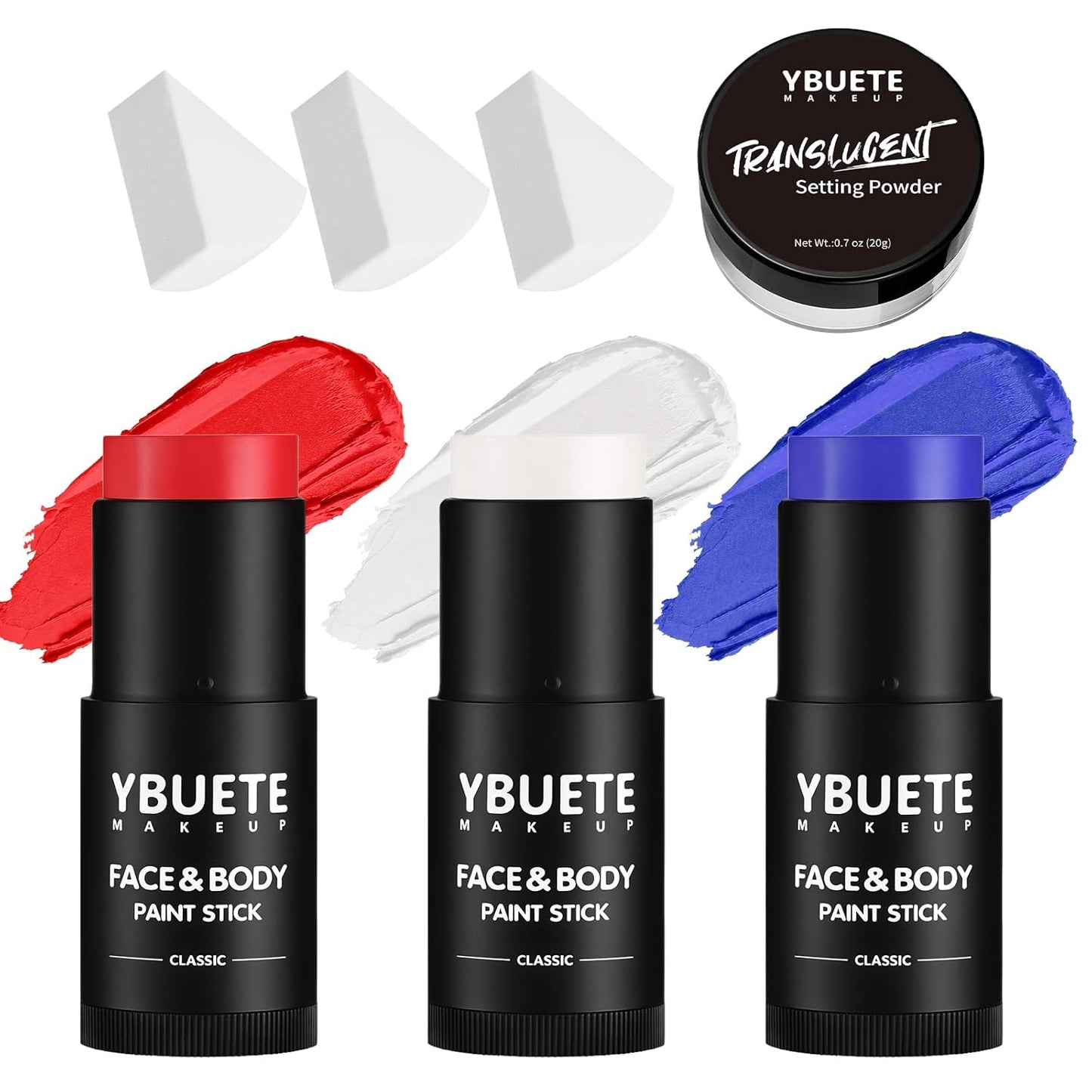 Red White Blue Face Body Paint Stick Set with Translucent Setting Powder and Sponges, Full Coverage Face Painting for 4th of July Pride Independence Day or America's Patriotic Veterans Events
