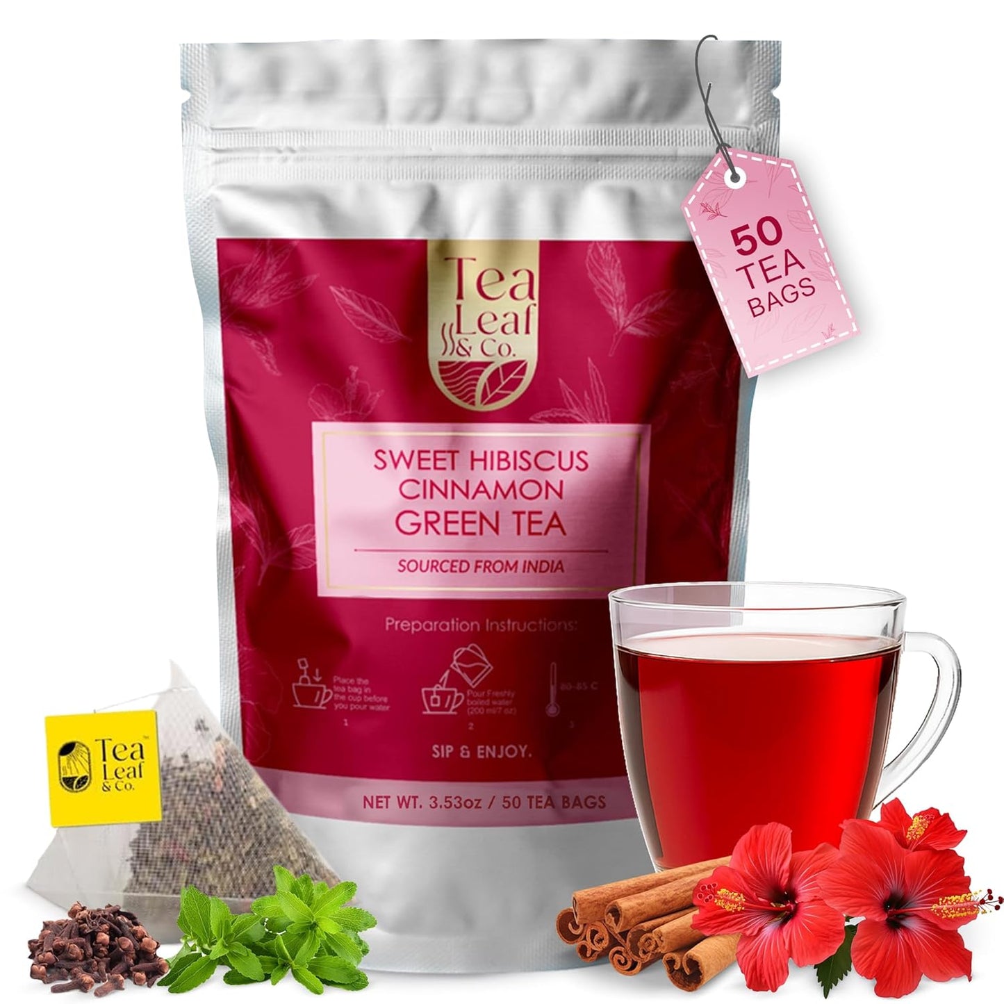 Sweet Hibiscus Cinnamon Green Tea Bags (50 Count), Caffeinated, Real and Natural, Blended with Fresh Herbs and Spices, Gluten Free