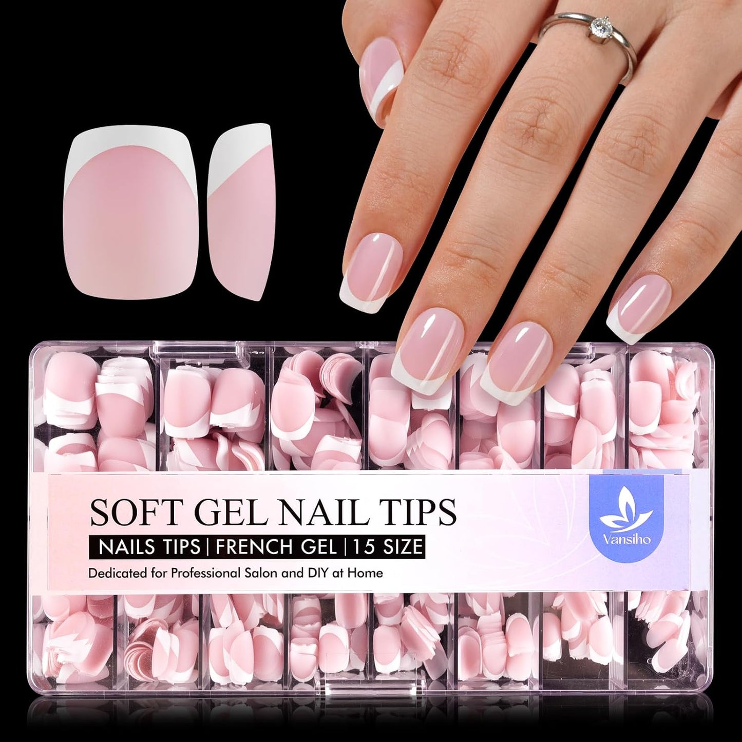 Vansiho French Gel Nail Tips 600Pcs, Short Soft Gel Nail Tips, Pink French Tips Press on Nails, Fake Nails with Box for Nail Art DIY 15 Sizes