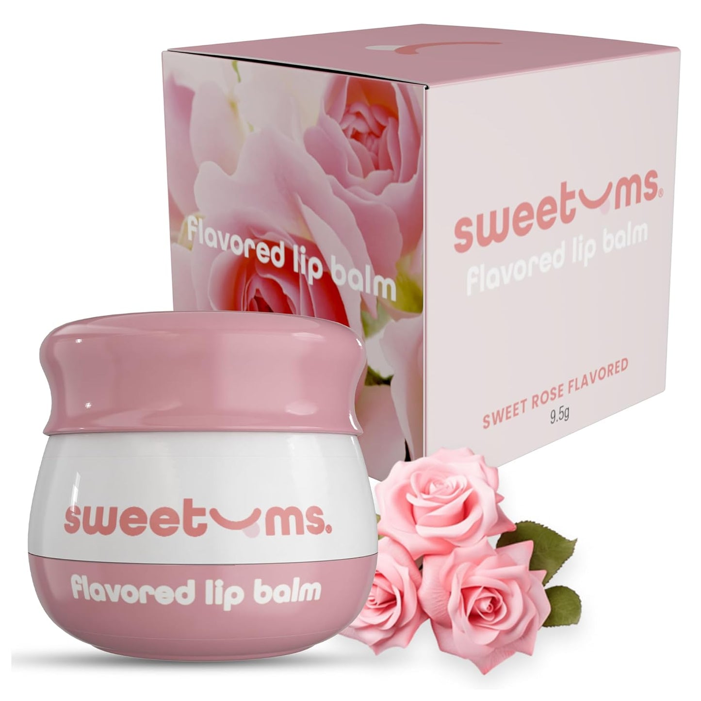 Sweetums Sweet Rose Lip Balm with Vitamin E Oil – Glowy Balm for Dry, Chapped Lips – Vegan Lip Care with Built-In Mirror and Applicator – Hydrating Lip Treatment with Glossy Finish – 0.15 oz