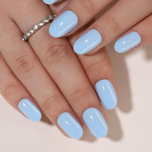 Press On Nails - Cloud Nine I Baby Blue Short Oval I 16 Sizes - 32 Reusable Fake Nail Kit - Glue & Adhesive Tabs I Long-Lasting, Damage-Free Wear