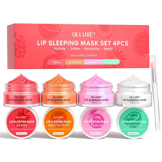 Lip Mask Set 4 Pcs, Overnight Lip Sleeping Mask with Shea Butter, Hyaluronic Acid & Vitamin C Nourishes Hydrates Dry, Flaky Lips, Moisturizing Lip Repair Balm & Butter, Lip Care Gift for Women