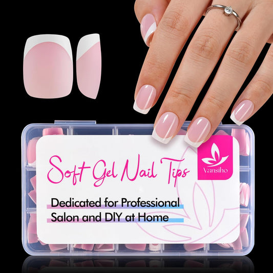 Vansiho Pink French Gel Nail Tips, Short Round Soft Gel Nail Tips, French Tips Press on Nails, 150 Pcs Box of DIY False Nails, 15 Sizes