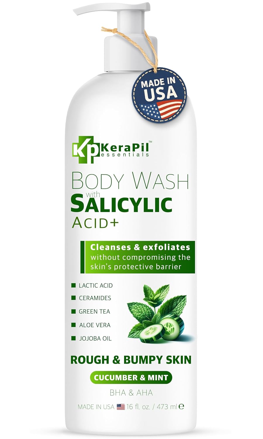 Exfoliating Body Wash with Salicylic Acid - No Dry Out, Gentle Exfoliates Rough and Bumpy Skin, Body Acne Wash, BHA & AHA - Cucumber and Mint Salicylic Acid Body Wash - (16 fl oz)