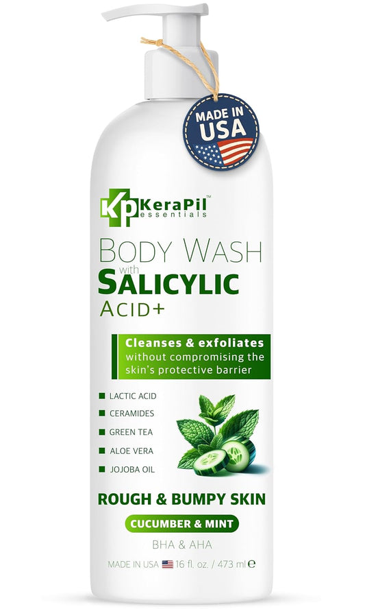 Exfoliating Body Wash with Salicylic Acid - No Dry Out, Gentle Exfoliates Rough and Bumpy Skin, Body Acne Wash, BHA & AHA - Cucumber and Mint Salicylic Acid Body Wash - (16 fl oz)