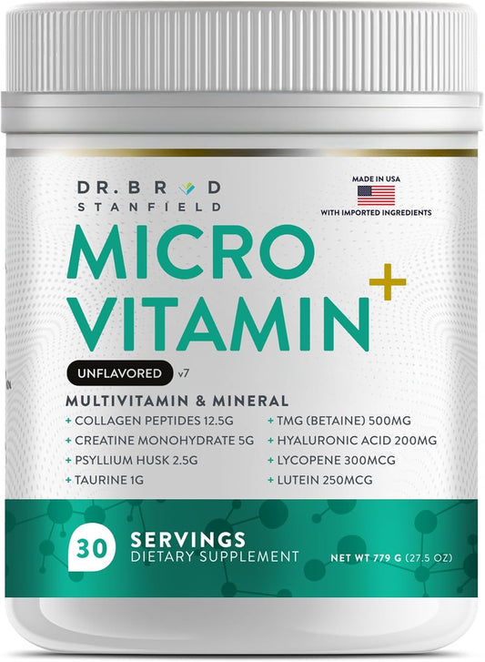 Collagen Peptides + Creatine Monohydrate + Psyllium Husk + Taurine + TMG + Hyaluronic Acid + MultiVitamin & Mineral (30 Servings, Unflavored)