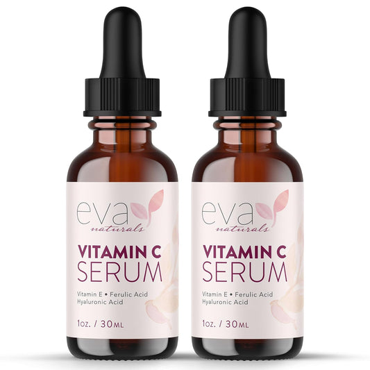 Eva Naturals Vitamin C Serum for Face - 20% Vit C with Hyaluronic Acid, Ferulic Acid & Vitamin E - Facial Serum for Dark Spots, Acne, Anti Aging, Glow & Even Skin Tone, 1 oz (Pack of 2)
