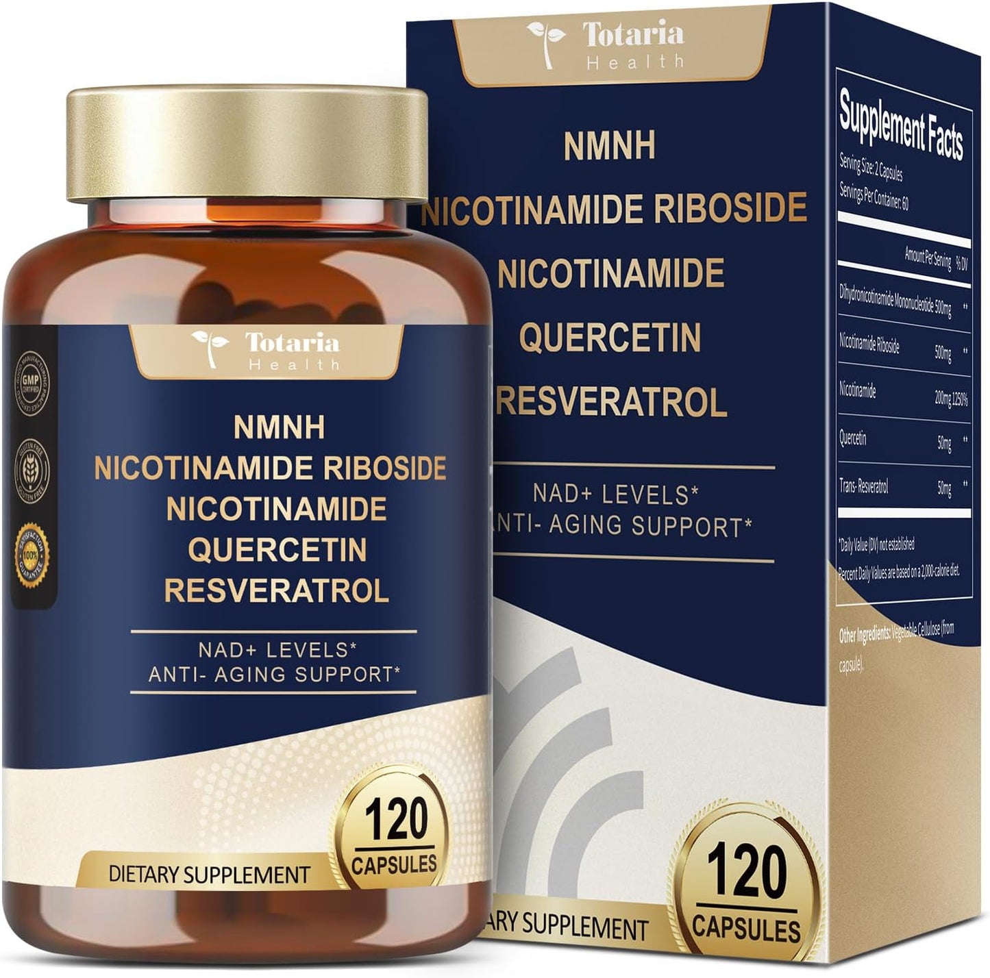 Totaria NMNH Supplement (Dihydronicotinamide Mononucleotide) – Advanced NAD+ Support with Niacinamide, Quercetin & Resveratrol | 120 Vegan Capsules | Anti-Aging, Cellular Health & Energy Support