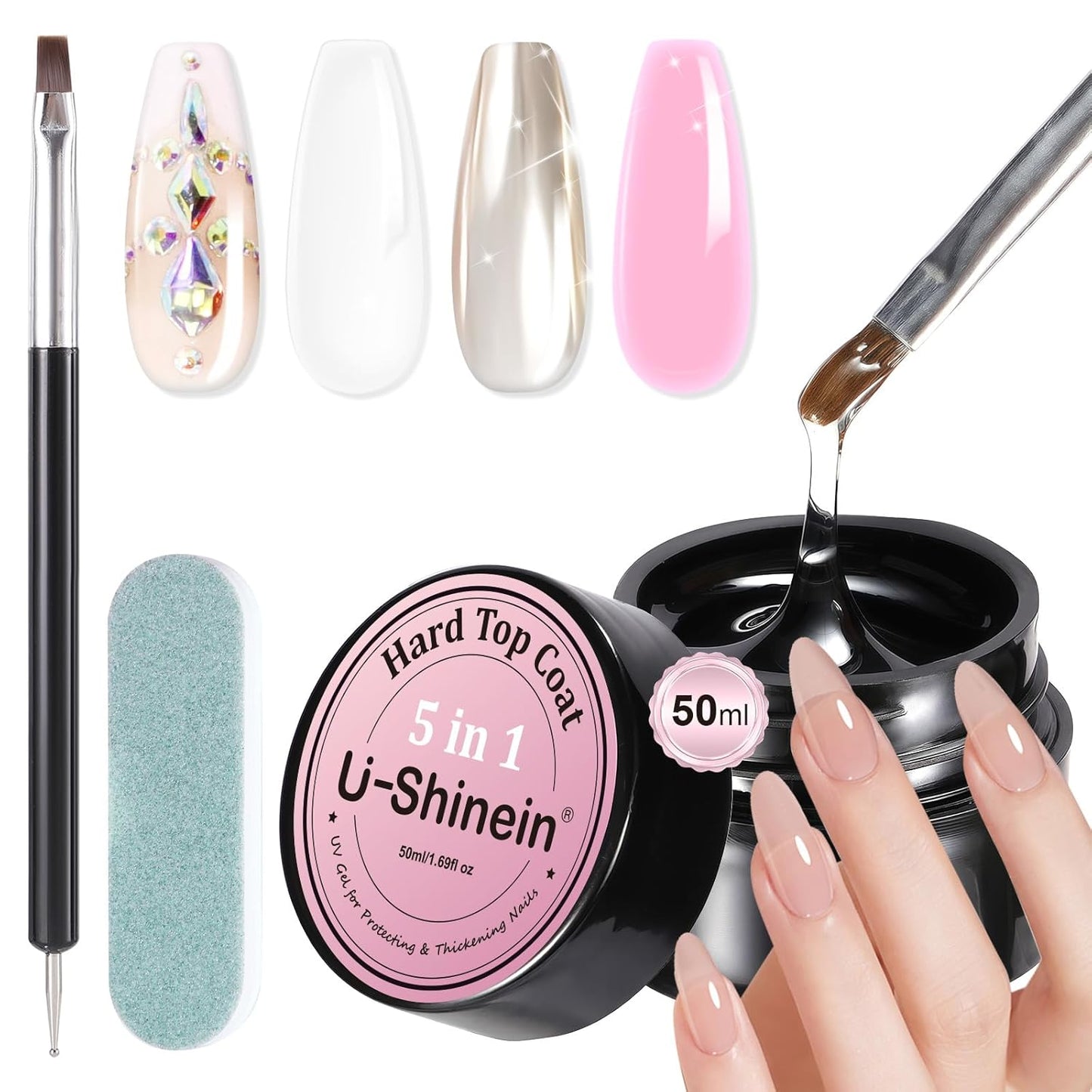 Builder Top Coat Gel, 5 in 1 Non Sticky Builder Nail Gel 50ML High Gloss Long-Lasting No Wipe Top Coat Clear Nail Gel for Nail Thickening Chrome Powder Soak Off UV Nail Strengthener