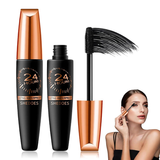 2Pcs Waterproof Silk Fibre Thick Lengthening Mascara, 2025 New Iron Wand Mascara Curling Eyelash Iron Mascaras with No Flaking, Waterproof Long-Lasting 4D Silk Fiber Lash Mascaras