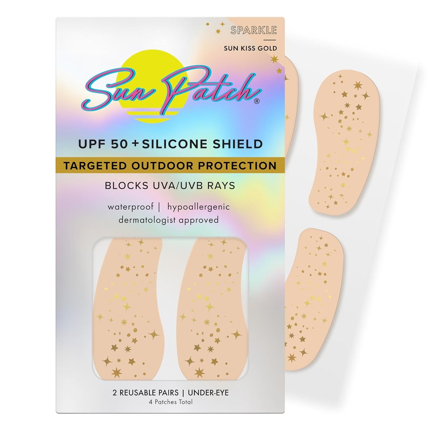 Sun Patch Under-Eye UV Protection Patches – Sparkle Sun Kiss Gold – Reusable UPF 50+ Silicone Patches for Sun Protection & Style – 2 Pairs (4 Total) – Waterproof, Hypoallergenic
