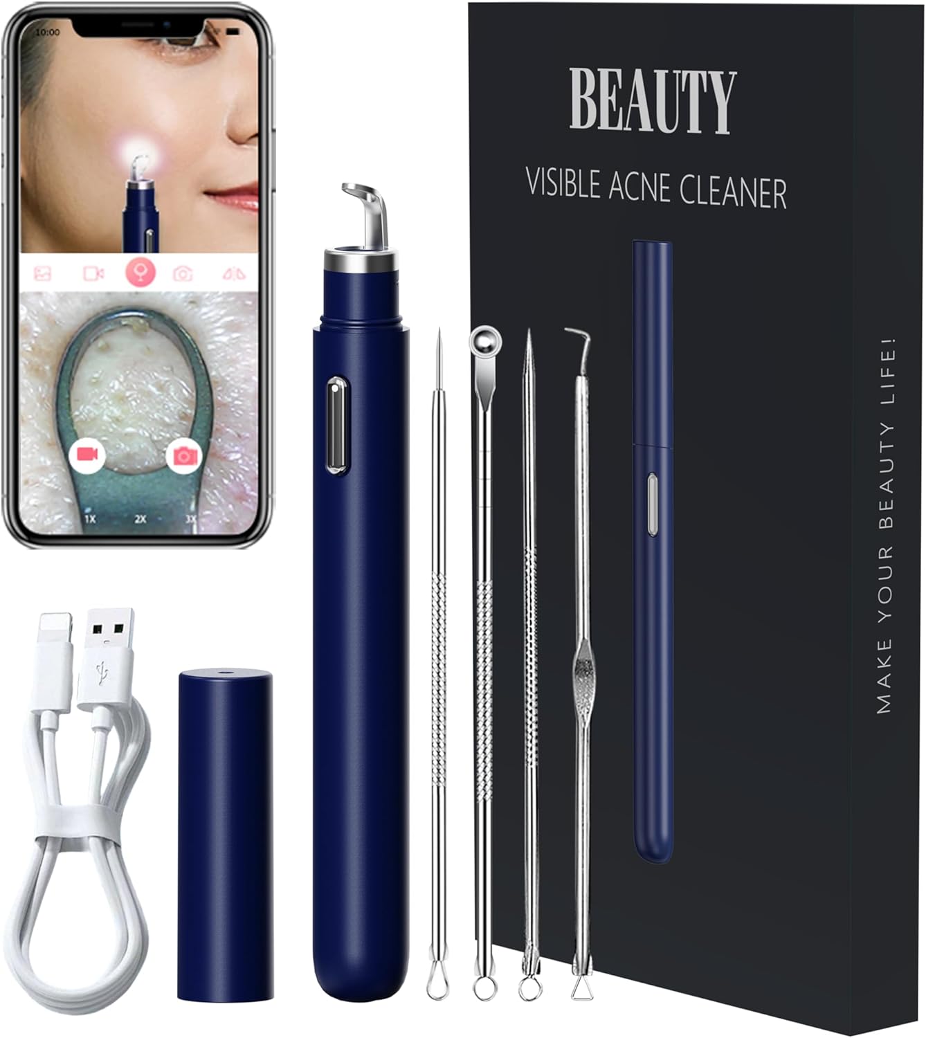 Visual Blackhead Remover Tools with Camera,Pimple Popper Extractor Tool Kit with Camera 20X 1080P Pore Cleaner Acne Comedone Whitehead Extractor Kit for iPhone/Android (Blue)