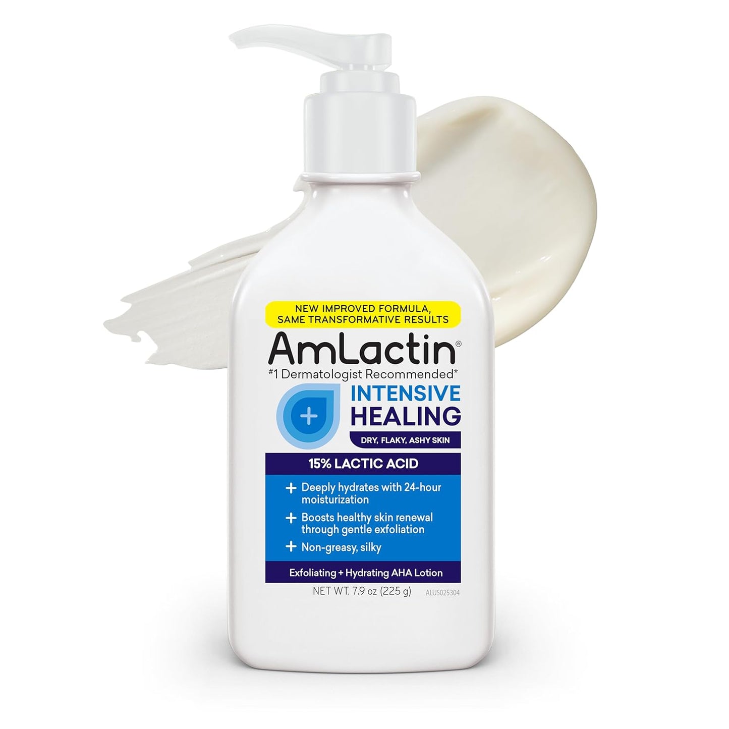 AmLactin Intensive Healing Body Lotion for Dry Skin, 7.9 oz Pump Bottle, 2-in-1 Exfoliator and Moisturizer with Ceramides and 15% Lactic Acid for 24-Hour Relief from Dry Skin (Packaging May Vary)