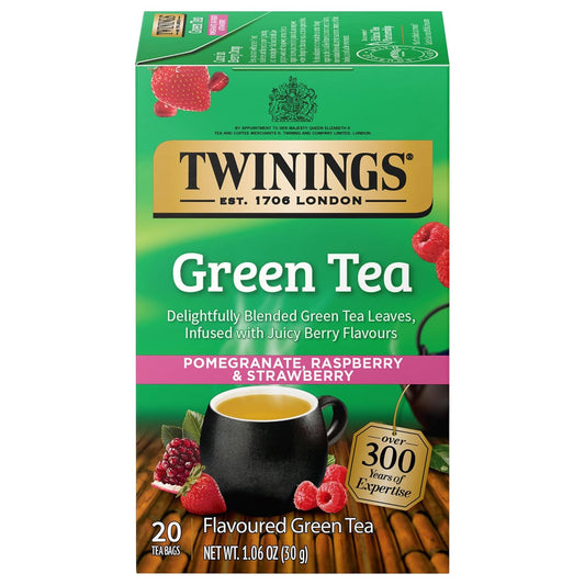 Twinings Green Tea with Pomegranate, Raspberry, & Strawberry Individually Wrapped Bags, 20 Count (Pack of 1), Caffeinated, Enjoy Hot or Iced, 20 Teabags