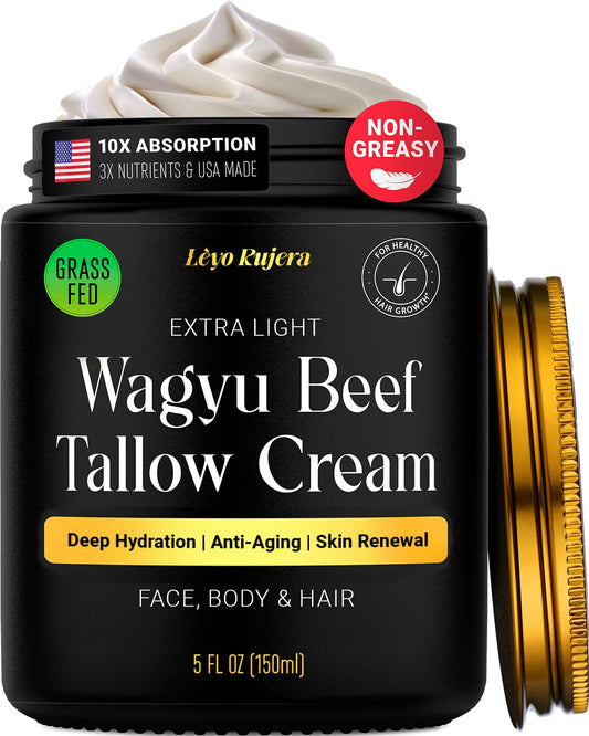 Non-Greasy Beef Tallow for Face Moisturizer Cream 5OZ Shea Butter, Vitamin E, Whipped Grass Fed Beef Tallow for Skin, Body, Hair, Lotion for Women & Men, Anti-Aging Face Moisturizer