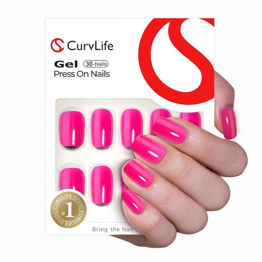 Curvlife Soft Gel Press on Nails, Fake Nails with Bright-Pink Design Full Cover False Nails for Women Reusable Nail Kit with Nail Glue Adhesive Tabs Nail File