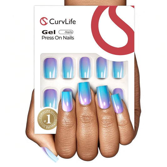 Curvlife Soft Gel Press On Nails Kit - Full Cover Chrome False Medium Nail Tips with Trendy Designs, Reusable & Glue Included - Easy Application Nail Accessories for Women