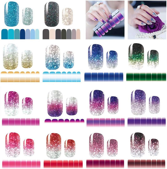14 Sheets Nail Stickers Glitter Gradient Color Shine Full Wraps Polish Stickers Decal Strips Self-Ashesive Nail Art Sets for Women Girls