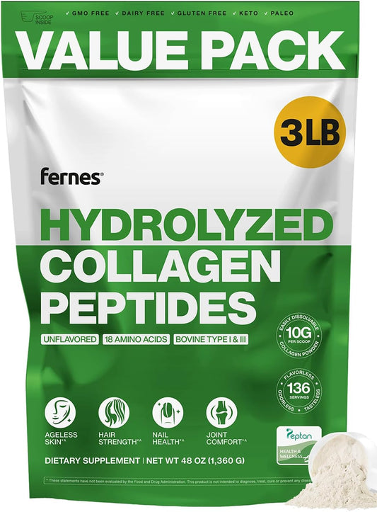 Hydrolyzed Collagen for Women Men (3LB) Type I & III Flavorless & Odorless Easy-Mix Powder Peptan Protein Peptides Joint Hair Skin & Nail Support Gluten-Free Non-GMO Keto Paleo Grass-Fed Kosher