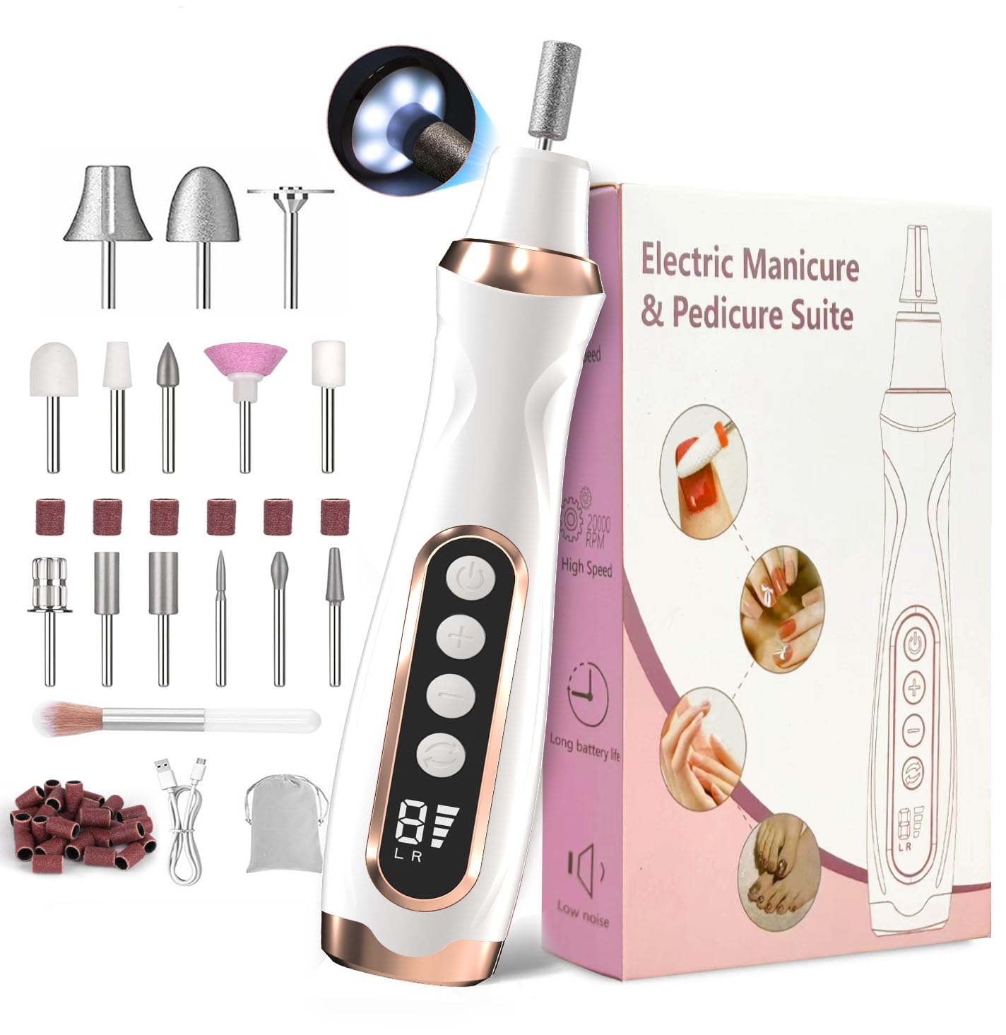 Professional Manicure Pedicure Kit Cordless Electric Nail File Set 6 Speed Cordless Nail Drill for Thick Nail Toenail Cuticle Hand Foot Care Nail Drill Tool(White)