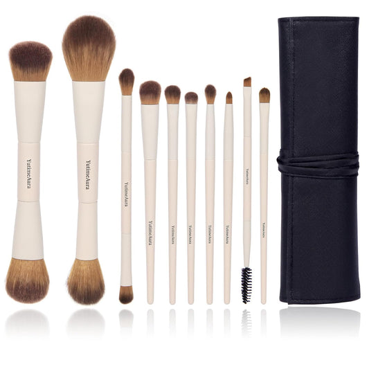 Makeup Brush Set 10pc, Dual-Ended Makeup Brushes For Bronzer, Contour, Eyeshadow, Blush, Concealer & Foundation Application