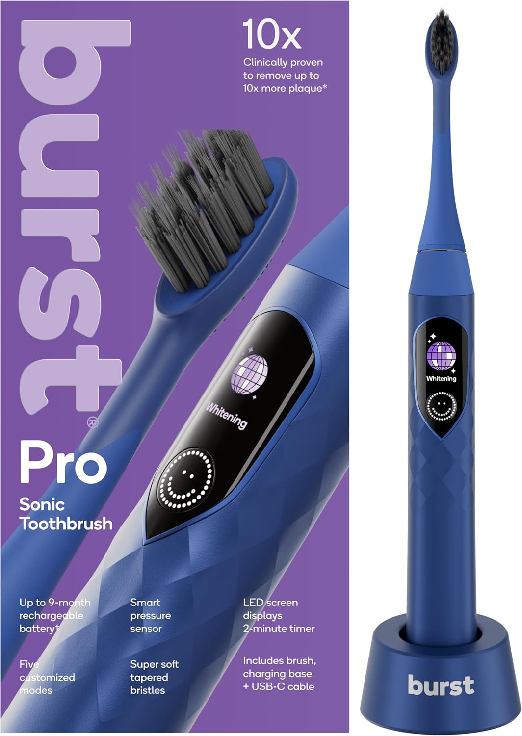 Burst Pro Sonic Advanced Electric Toothbrush for Adults (Blue) | Soft Bristles | 33,000 Vibrations | Long-Lasting Battery and Multiple Brushing Modes