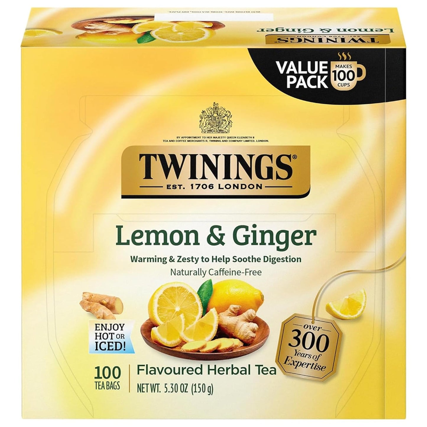 Twinings Lemon & Ginger Herbal Tea Individually Wrapped Bags, 100 Count (Pack of 1), Tangy Lemon, Spicy Ginger, Naturally Caffeine-Free, Enjoy Hot or Iced, 100 Teabags
