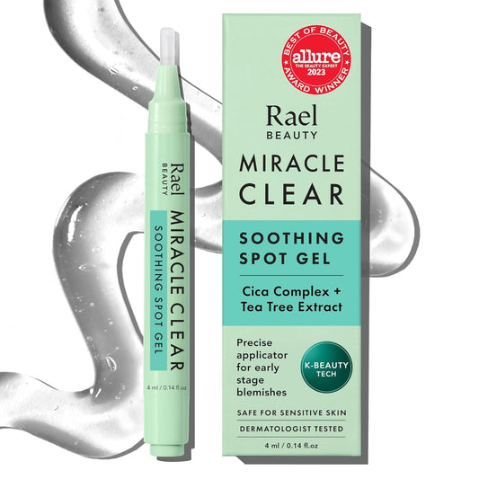 Rael Acne Spot Treatment, Miracle Clear Soothing Spot Gel Pen - Acne Gel, Pimple and Blemish Treatment, Korean Skincare, for Early Stage, Succinic Acid, Tea Tree, Cica, Vegan, Cruelty Free (0.14 oz)