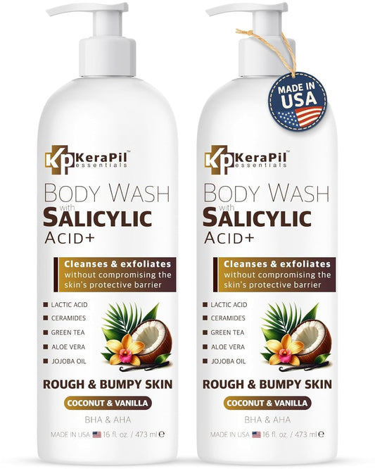 Exfoliating Body Wash with Salicylic Acid - No Dry Out, Gentle Exfoliates Rough and Bumpy Skin, Body Acne Wash, BHA & AHA - Coconut and Vanilla Salicylic Acid Body Wash - (16 fl oz x 2)