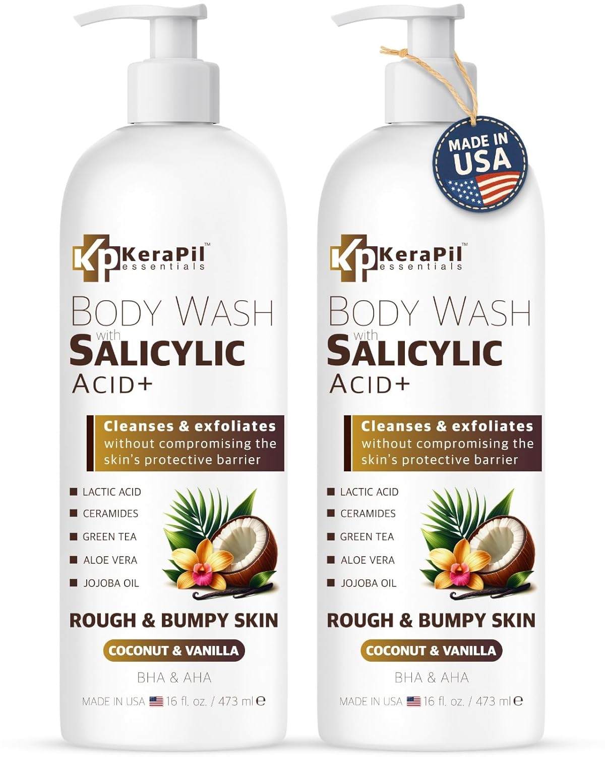 Exfoliating Body Wash with Salicylic Acid - No Dry Out, Gentle Exfoliates Rough and Bumpy Skin, Body Acne Wash, BHA & AHA - Coconut and Vanilla Salicylic Acid Body Wash - (16 fl oz x 2)