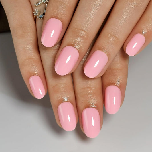 Press On Nails - Petal Pink I Opaque Light Pink Short Oval I 16 Sizes - 32 Reusable Fake Nail Kit - Glue & Adhesive Tabs