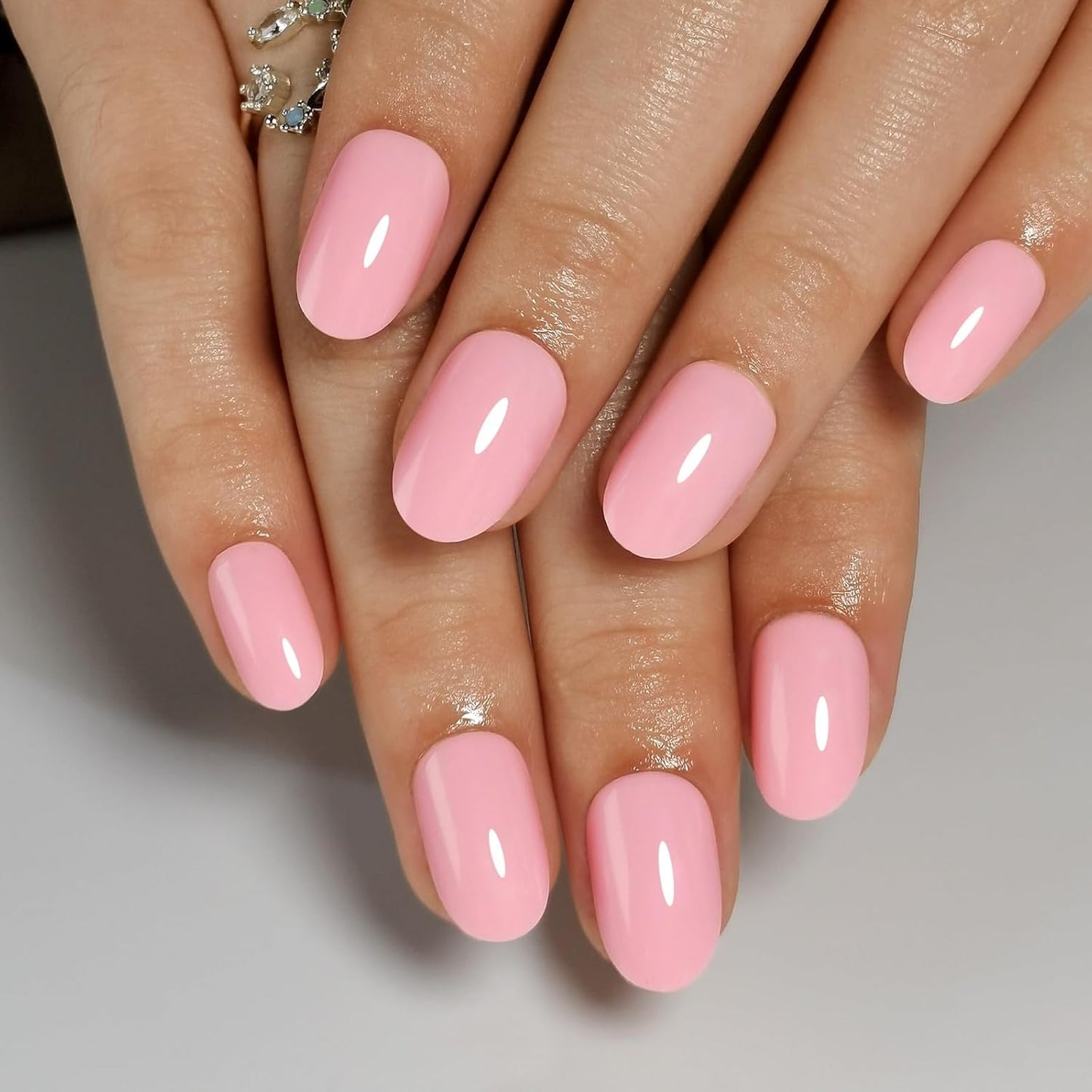 Press On Nails - Petal Pink I Opaque Light Pink Short Oval I 16 Sizes - 32 Reusable Fake Nail Kit - Glue & Adhesive Tabs
