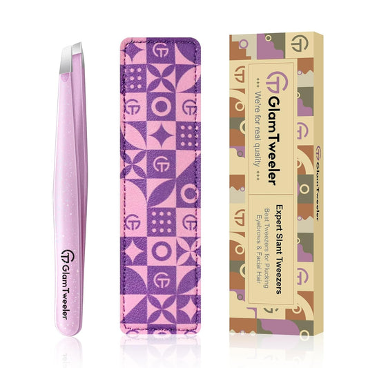 Expert Eyebrow Hair Removal Tweezer with Leather Case, GlamTweeler High Precision Slant Tip Stainless Steel Tweezers for Men and Women (Sparkle Baby Pink)