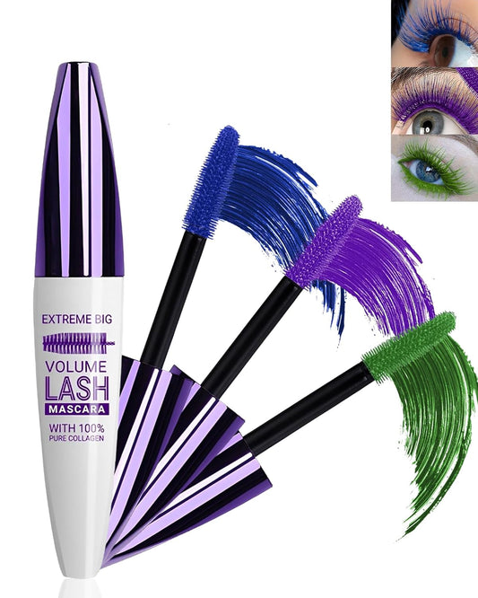 5D Colored Mascara for Eyelashes-3 Colors Blue Purple Green Longlasting Waterproof Mascara Volume and Length,Curling Fiber rimel de pestañas,Thanksgiving Cosplay Eye Makeup Gift for Women Girl