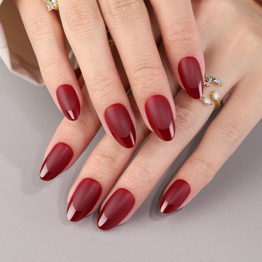Press On Nails - Red Velvet I Red Matte Glossy Tip Medium Almond I 16 Sizes - 32 Reusable Fake Nail Kit - Glue & Adhesive Tabs I Long-Lasting, Damage-Free Wear