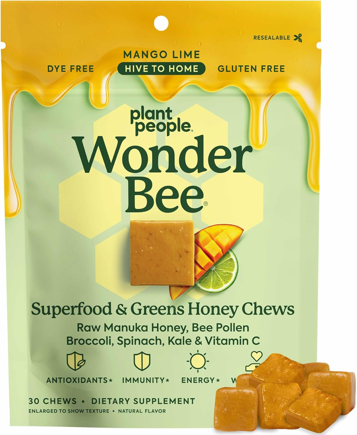 Plant People WonderBee Super Greens Manuka Honey Chews - Bee Pollen, Super Greens & Vitamin C - Immune Support, Antioxidants & Energy Boost (30 Count)