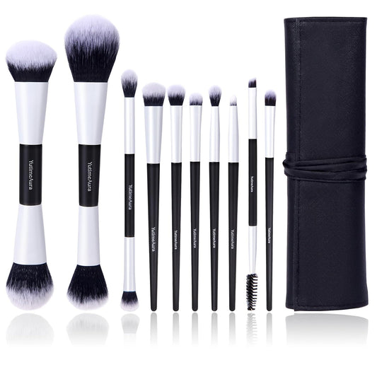 Makeup Brush Set 10pc, Dual-Ended Makeup Brushes For Bronzer, Contour, Eyeshadow, Blush, Concealer, Foundation