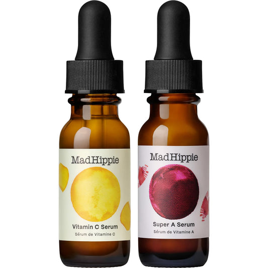 Mad Hippie Travel Face Serum Set – Skin-Brightening Vitamin C + Firming Super A Retinol, Day & Night Dual Pack, 0.5 Oz Ea