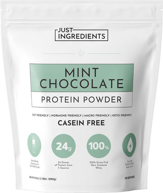 JUST INGREDIENTS Mint Chocolate Protein Powder – 30 Serving Bag – Grass-Fed Whey & Plant Protein Blend with Real Cocoa & Peppermint –Sweetened, Non-GMO, Gluten-Free, No Artificial Flavors