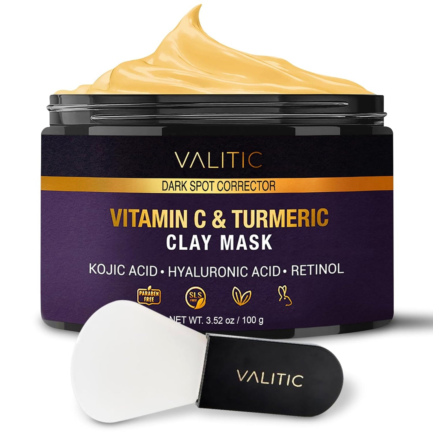 VALITIC Vitamin C & Turmeric Clay Mask - Dark Spot Corrector with Kojic Acid, Hyaluronic Acid & Retinol - Skin Care Routine for Minimizing Pores & Blackheads - with Applicator Brush - 100g