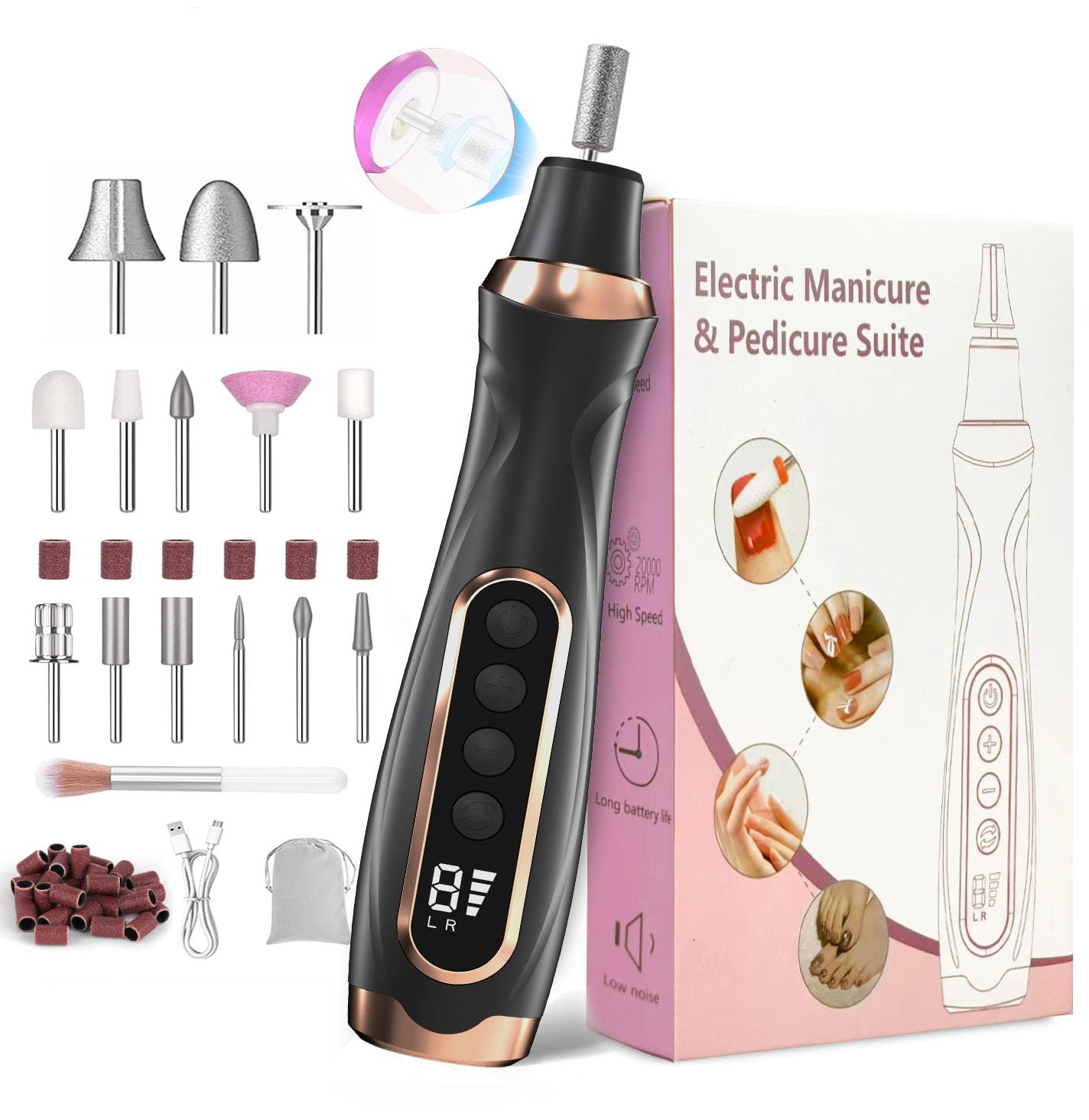 Professional Manicure Pedicure Kit Cordless Electric Nail File Set 6 Speed Cordless Nail Drill for Thick Nail Toenail Cuticle Hand Foot Care Nail Drill Tool(Black)