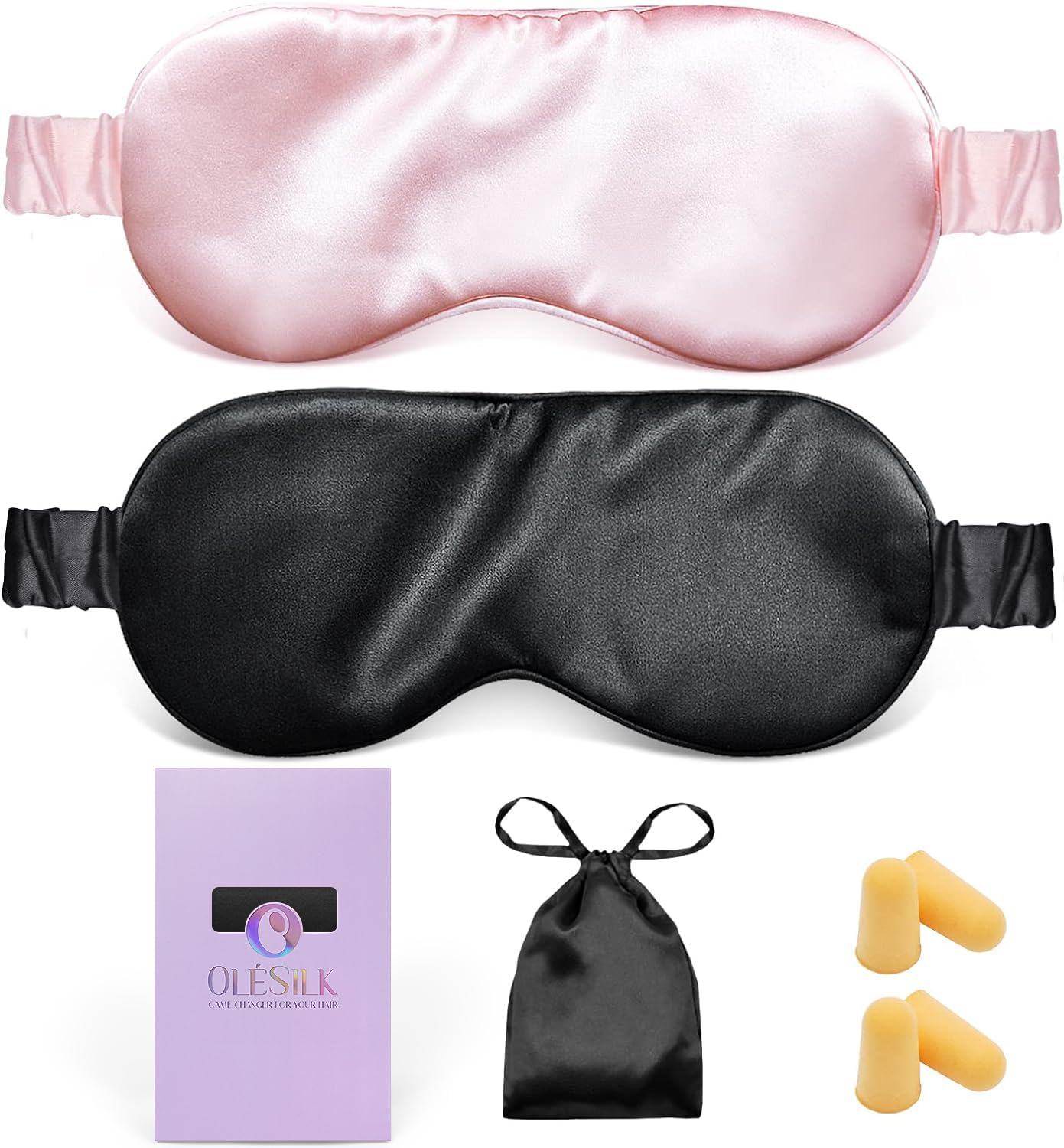 OLESILK 100% Natural Mulberry Silk Sleep Eye Mask 2 Pack with Double Layer Silk Filling, Blackout Eye Mask for Women Men Sleeping, Travel and Nap, Eye Cover Eyeshade with Gift Box, Pink & Black