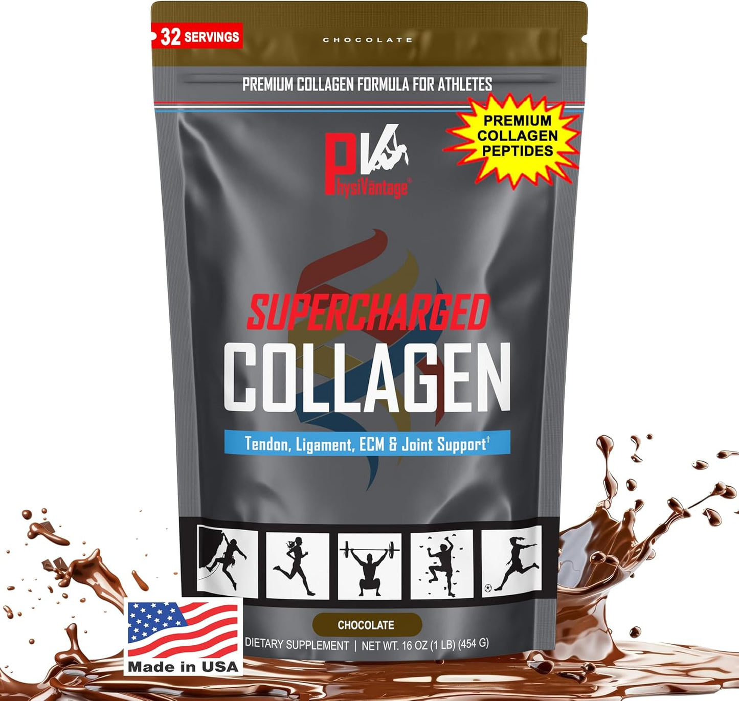 PhysiVantage Supercharged Collagen Peptides Powder - Hydrolyzed Collagen for Joint, Tendon, Ligament, & Skin Health Support - Chocolate, Keto, Paleo, 16oz | Enhanced with Vitamin C, BCAAs, Grass-Fed