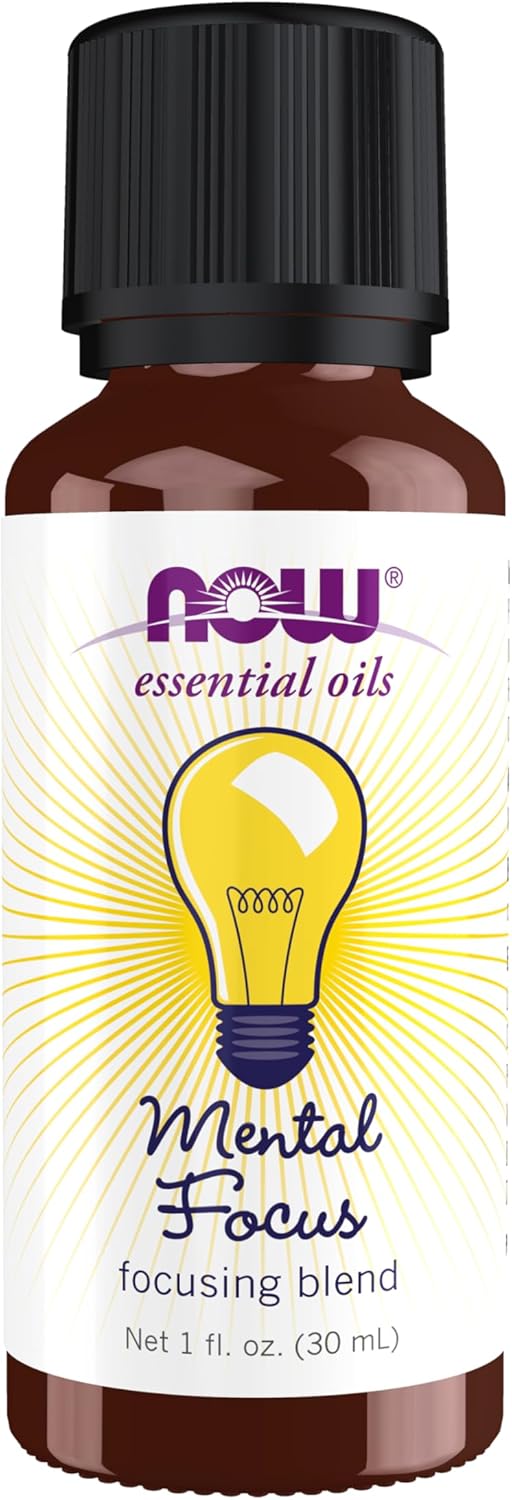 NOW Essential Oils, Mental Focus Oil Blend, Centering Aromatherapy Scent, Blend of Pure Essential Oils, Vegan, Child Resistant Cap, 1-Ounce